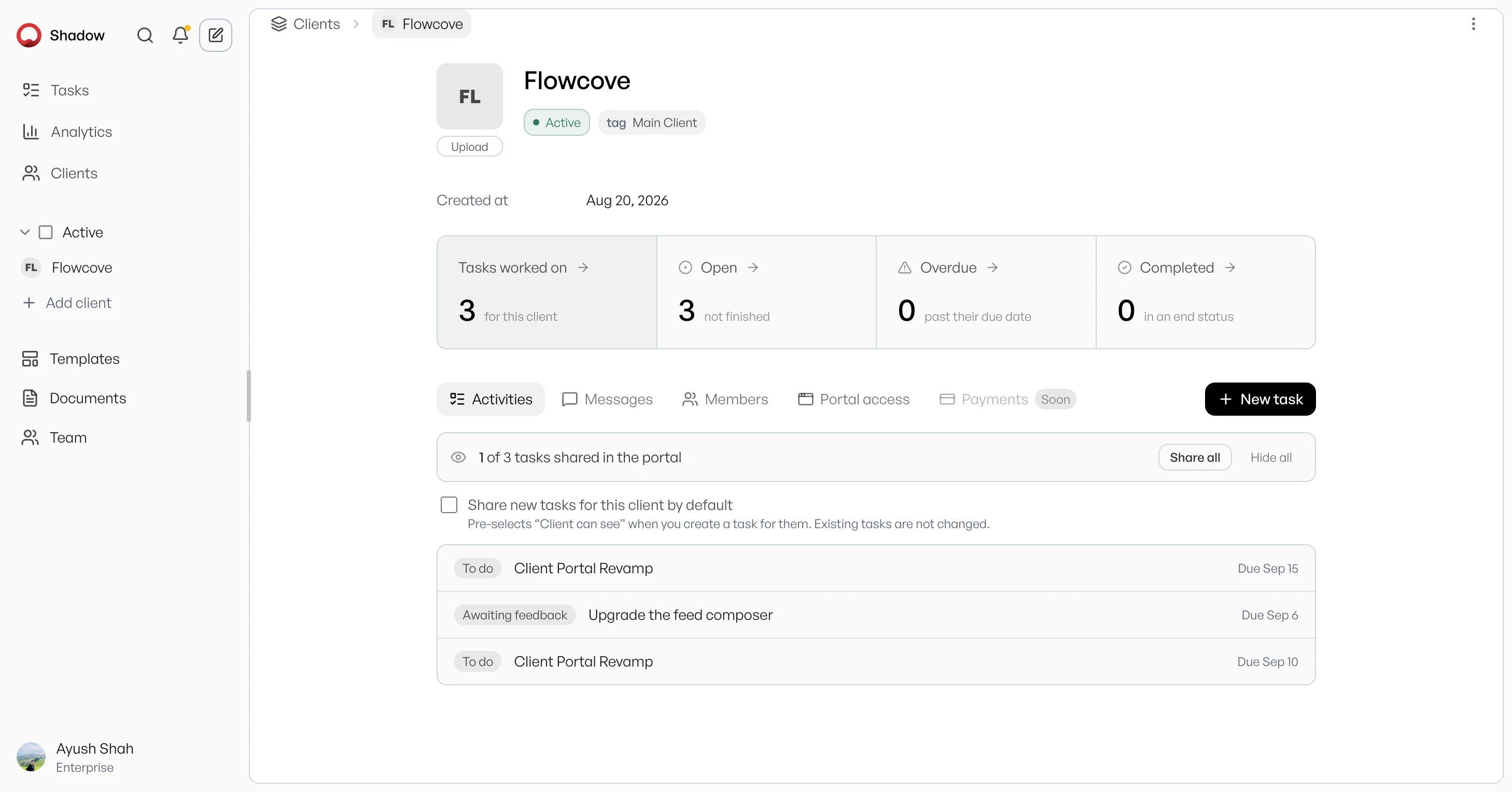 Flowcove client page showing open tasks, activity tabs, and portal sharing controls