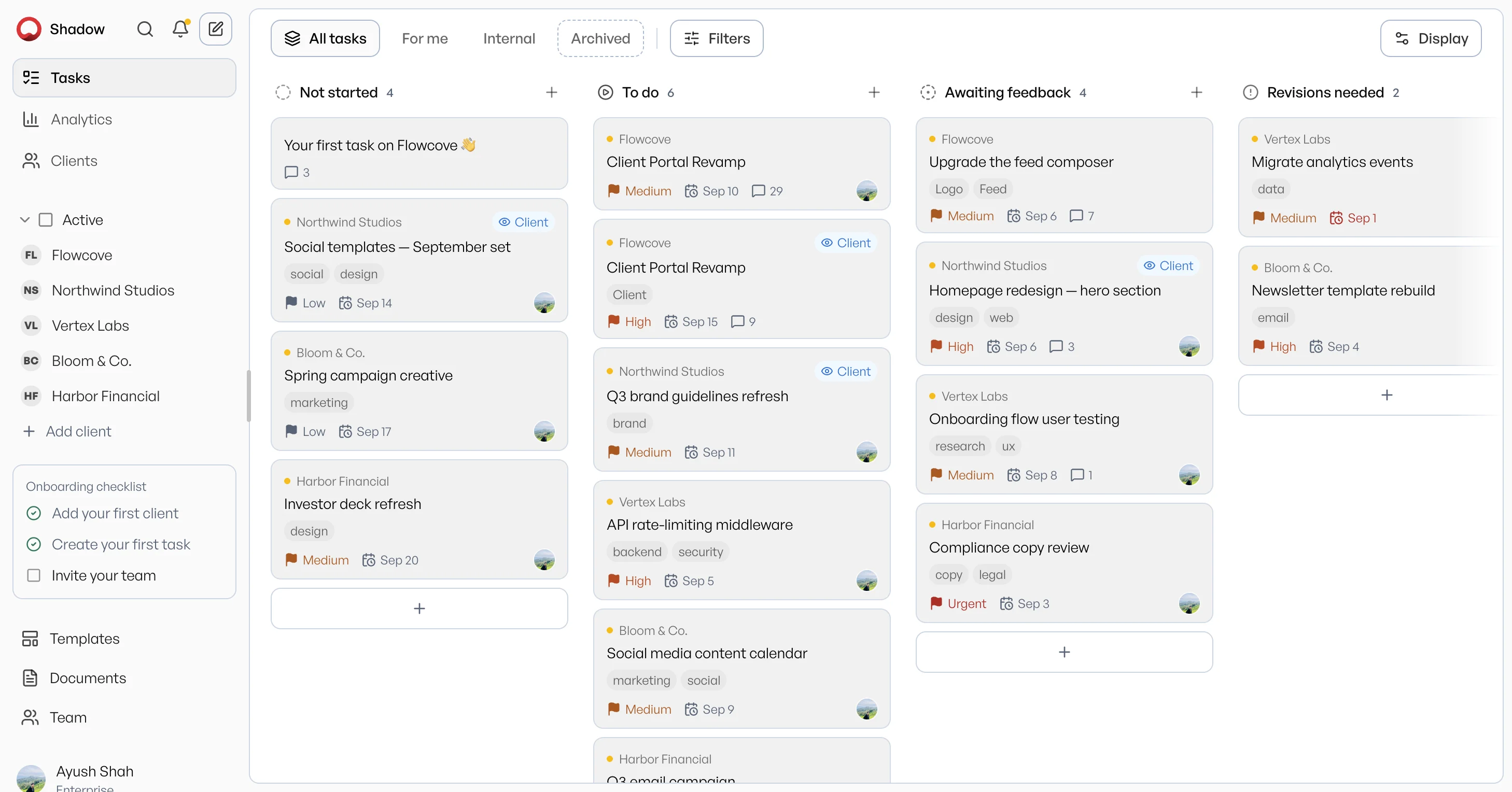 The Flowcove task board, with client work for four clients grouped by status across Not started, To do, Awaiting feedback and Revisions needed.