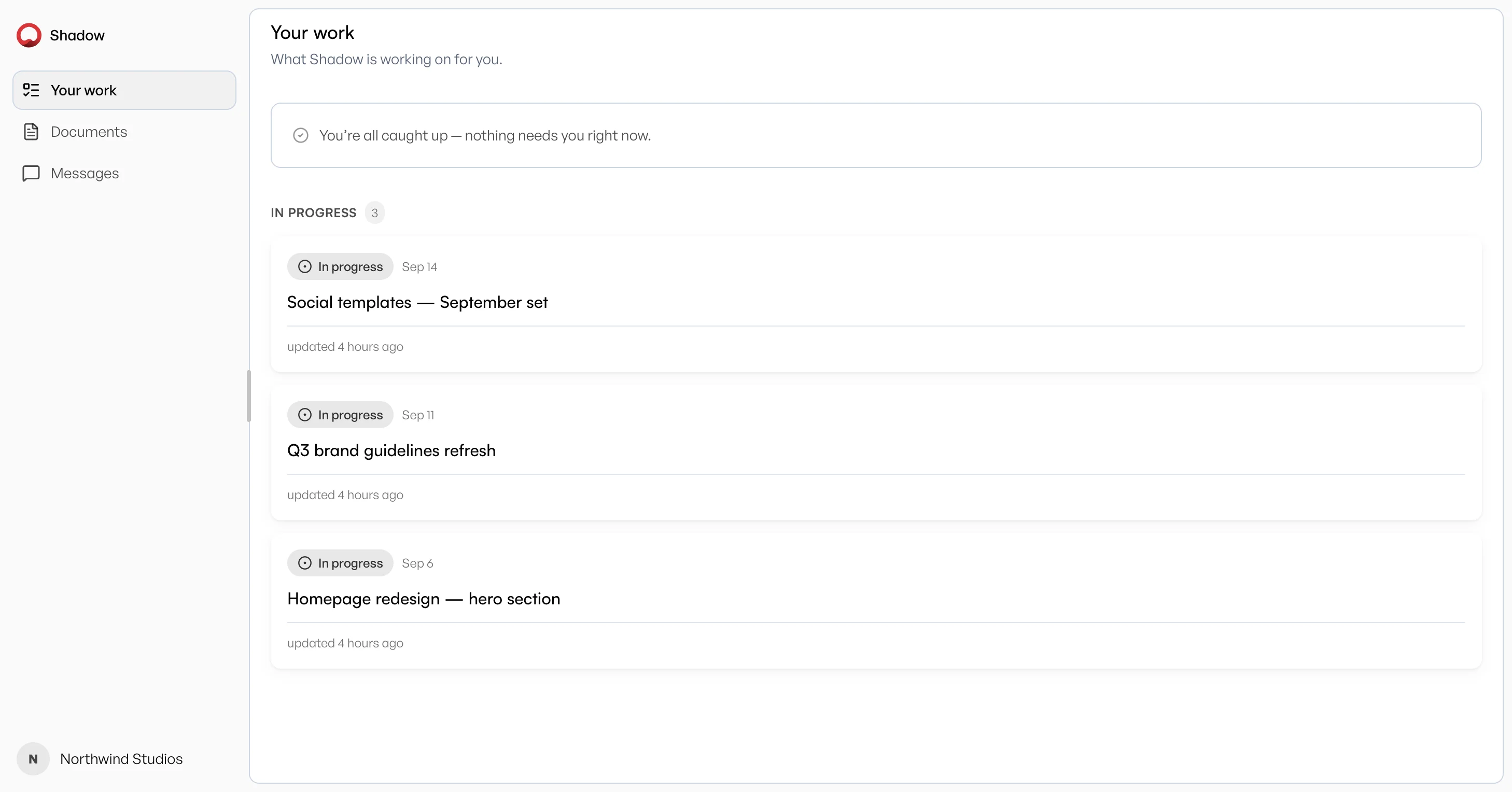 A client's portal view: their tasks grouped by status, and the documents the agency has shared with them.